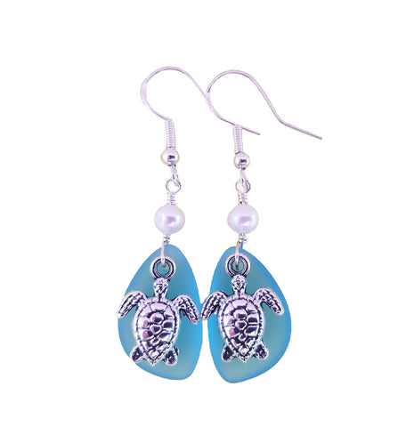 Hawaiian Jewelry Sea Glass Earrings, Twin Turtle Earrings Turquoise Blue Earrings, Pearl Sea Glass Birthday Gift (December Birthstone)