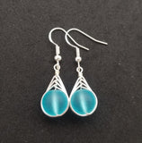 Hawaiian Jewelry Sea Glass Earrings, Braided Small Round Turquoise Earrings Blue Earrings, Sea Glass Jewelry (December Birthstone Jewelry)