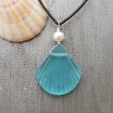 Handmade in Hawaii, Leather Cord Necklace Unisex Necklace Blue Sea Glass Jewelry Seashell Necklace, Natural pearl, Beach Jewelry