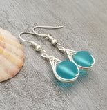 Hawaiian Jewelry Sea Glass Earrings, Braided Small Round Turquoise Earrings Blue Earrings, Sea Glass Jewelry (December Birthstone Jewelry)