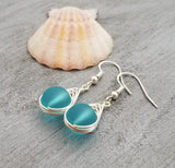 Hawaiian Jewelry Sea Glass Earrings, Braided Small Round Turquoise Earrings Blue Earrings, Sea Glass Jewelry (December Birthstone Jewelry)