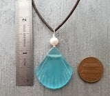 Handmade in Hawaii, Leather Cord Necklace Unisex Necklace Blue Sea Glass Jewelry Seashell Necklace, Natural pearl, Beach Jewelry