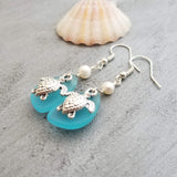 Hawaiian Jewelry Sea Glass Earrings, Twin Turtle Earrings Turquoise Blue Earrings, Pearl Sea Glass Birthday Gift (December Birthstone)