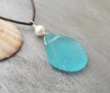 Handmade in Hawaii, Leather Cord Necklace Unisex Necklace Blue Sea Glass Jewelry Seashell Necklace, Natural pearl, Beach Jewelry