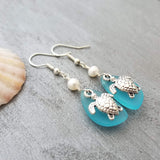 Hawaiian Jewelry Sea Glass Earrings, Twin Turtle Earrings Turquoise Blue Earrings, Pearl Sea Glass Birthday Gift (December Birthstone)
