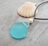 Handmade in Hawaii, Leather Cord Necklace Unisex Necklace Blue Sea Glass Jewelry Seashell Necklace, Natural pearl, Beach Jewelry