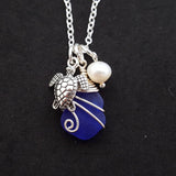 Handmade in Hawaii, Wire wrapped Genuine surf tumbled natural sea glass. Sea turtle charm, Fresh water pearl, Sea glass jewelry