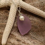 Handmade in Hawaii, Purple sea glass necklace, Fresh water pearl ,  gift box, Gift for her.