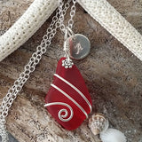 Hawaiian Jewelry Sea Glass Necklace, Wire Red Necklace, Sea Glass Jewelry Beach Jewelry Birthday Gift For Women (January Birthstone Jewelry)