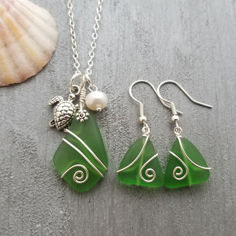 Hawaiian Jewelry Sea Glass Jewelry Set For Women, Wire Emerald Turtle Necklace Earrings Beach Jewelry Set Birthday Gift (May Birthstone)