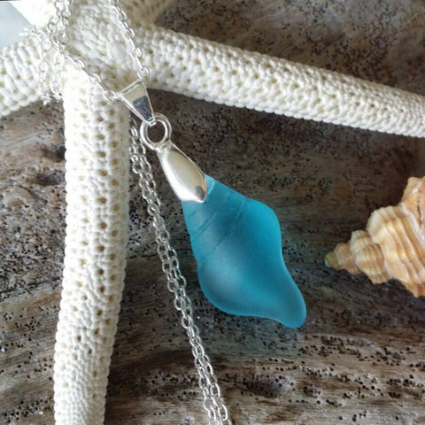 Handmade in Hawaii, Turquoise Blue seashell Necklace sea glass necklace, Blue Beach glass Jewelry Unique Birthday Gift (December Birthstone)
