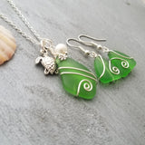 Hawaiian Jewelry Sea Glass Jewelry Set For Women, Wire Emerald Turtle Necklace Earrings Beach Jewelry Set Birthday Gift (May Birthstone)