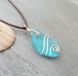 Hawaiian Jewelry Sea Glass Necklace, Wire Turquoise Necklace Blue Necklace, Sea Glass Jewelry Birthday Gift (December Birthstone Jewelry)