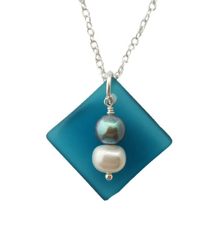 The "Balance of Life" - a Hawaii lifestyle and mentality, Curved Teal sea glass Necklace with White and Purple natural pearls