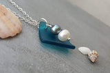 The "Balance of Life" - a Hawaii lifestyle and mentality, Curved Teal sea glass Necklace with White and Purple natural pearls