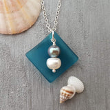The "Balance of Life" - a Hawaii lifestyle and mentality, Curved Teal sea glass Necklace with White and Purple natural pearls
