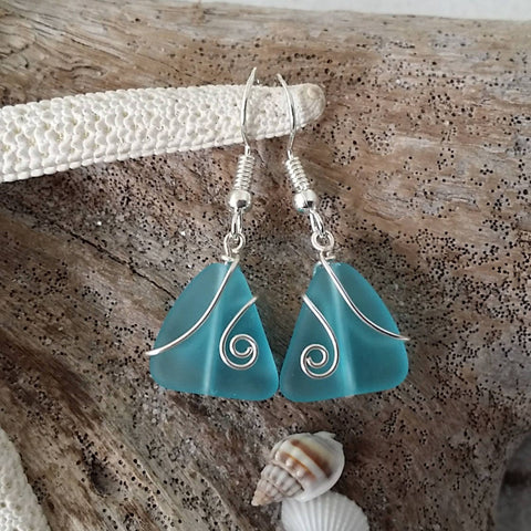 Hawaiian Jewelry Sea Glass Earrings, Wire Turquoise Earrings Blue Earrings, Sea Glass Jewelry Birthday Gift (December Birthstone Jewelry)