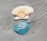 Moana inspired, Hammered Swirls blue sea glass beach necklace, gift box, Sea glass jewelry gift.