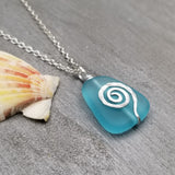 Moana inspired, Hammered Swirls blue sea glass beach necklace, gift box, Sea glass jewelry gift.