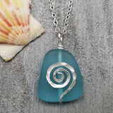 Moana inspired, Hammered Swirls blue sea glass beach necklace, gift box, Sea glass jewelry gift.