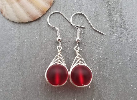 Hawaiian Jewelry Sea Glass Earrings, Braided Small Round Red Earrings, Sea Glass Jewelry Birthday Gift For Girl(January Birthstone Jewelry)