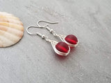 Hawaiian Jewelry Sea Glass Earrings, Braided Small Round Red Earrings, Sea Glass Jewelry Birthday Gift For Girl(January Birthstone Jewelry)