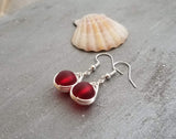 Hawaiian Jewelry Sea Glass Earrings, Braided Small Round Red Earrings, Sea Glass Jewelry Birthday Gift For Girl(January Birthstone Jewelry)