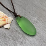 Hawaiian Sea Glass Necklace, Leather Cord Peridot Green Chunky Sea Glass Necklace Unique Unisex Gift For Him or Her, August Birthstone