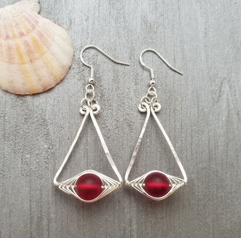 Hawaiian Jewelry Sea Glass Earrings, Wire "Cat Eye" Ruby Red Earrings, Beachy Girls Sea Glass Jewelry Birthday Gift(July Birthstone Jewelry)