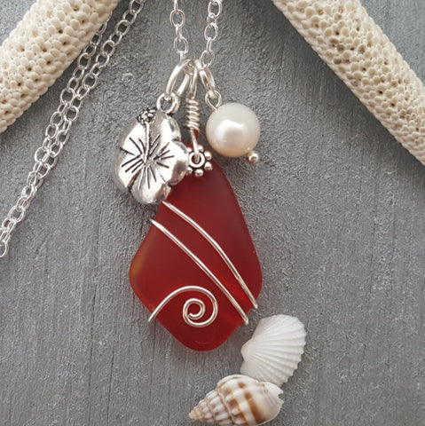 Hawaiian Jewelry Sea Glass Necklace, Wire Ruby Red Necklace Hibiscus Pearl Necklace, Beach Jewelry Sea Glass Jewelry (July Birthstone Gift)