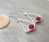 Hawaiian Jewelry Sea Glass Earrings, Wire "Cat Eye" Ruby Red Earrings, Beachy Girls Sea Glass Jewelry Birthday Gift(July Birthstone Jewelry)