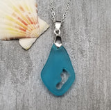 Footprint Blue Sea Glass Necklace Tells a Story of Sandy Beach and Cherished Memories, Unique Gift For Your Trip or a Special Time