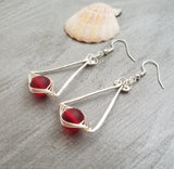 Hawaiian Jewelry Sea Glass Earrings, Wire "Cat Eye" Ruby Red Earrings, Beachy Girls Sea Glass Jewelry Birthday Gift(July Birthstone Jewelry)