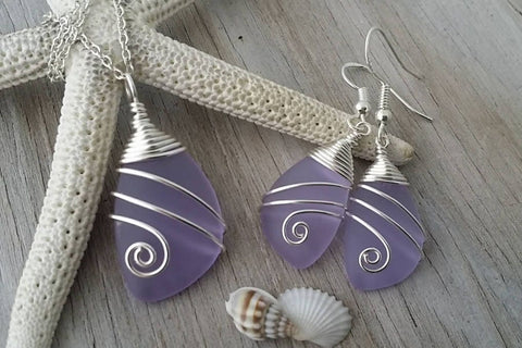 Handmade in Hawaii, Wire wrapped  "Magical Color Changing" Purple sea glass necklace + earrings jewelry set