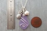 Wire wrapped  "Magical Color Changing" Purple sea glass necklace, "Feb Birthstone", Pineapple charm, natural pearl