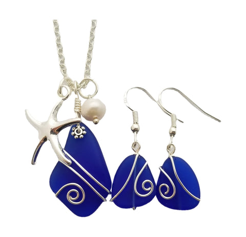 Hawaiian Jewelry Sea Glass Set, Cobalt Blue Necklace Earrings Jewelry Set, Pearl Starfish Necklace, Birthday Gift Set (September Birthstone)