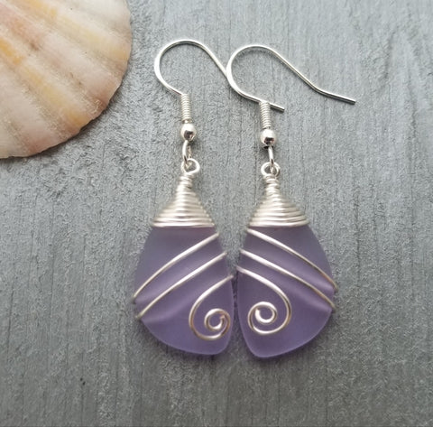 Hawaiian Jewelry Sea Glass Earrings, Top Wire Purple Earrings, Sea Glass Jewelry Beach Jewelry  Birthday Gift  (February Birthstone Jewelry)