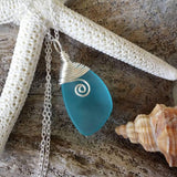 Handmade in Hawaii, Wire wrapped swirl blue sea glass necklace,   gift box, Birthday Gifts, Sea Glas Necklace