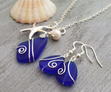 Hawaiian Jewelry Sea Glass Set, Cobalt Blue Necklace Earrings Jewelry Set, Pearl Starfish Necklace, Birthday Gift Set (September Birthstone)