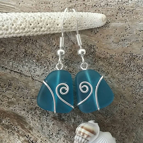 Hawaiian Jewelry Sea Glass Earrings, Wire Wrapped Teal Earrings, Beach Jewelry For Women, Unique Earrings Ocean Sea Glass Jewelry