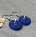 Hawaiian Jewelry Sea Glass Earrings, Circle Minimalist Jewelry Cobalt Earrings, Beach Sea Glass Birthday Gift (September Birthstone)