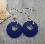 Hawaiian Jewelry Sea Glass Earrings, Circle Minimalist Jewelry Cobalt Earrings, Beach Sea Glass Birthday Gift (September Birthstone)