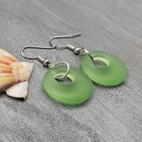 Hawaiian Jewelry Sea Glass Earrings, Circle Minimalist Jewelry Peridot Green Earrings, Beach Sea Glass Birthday Gift (August Birthstone)