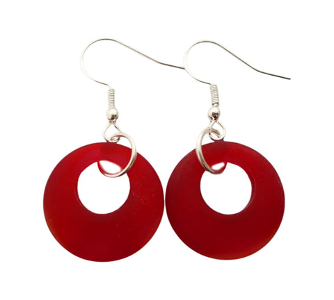 Hawaiian Jewelry Sea Glass Earrings, Circle Minimalist Jewelry Ruby Red Earrings, Beach Sea Glass Birthday Gift (July Birthstone)
