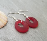 Hawaiian Jewelry Sea Glass Earrings, Circle Minimalist Jewelry Ruby Red Earrings, Beach Sea Glass Birthday Gift (July Birthstone)