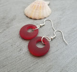 Hawaiian Jewelry Sea Glass Earrings, Circle Minimalist Jewelry Red Earrings, Beach Sea Glass Birthday Gift (January Birthstone)