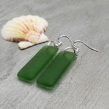Hawaiian Jewelry Sea Glass Earrings, Rectangle Minimalist Jewelry Emerald Green Earrings, Sea Glass Birthday Gift (May Birthstone)