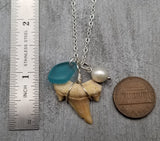Hawaii Jewelry, Seal Glass and Real Shark Tooth Necklace, Natural Pearl, Unique Gift and Conversation Piece, FREE Gift Wrap