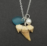 Hawaii Jewelry, Seal Glass and Real Shark Tooth Necklace, Natural Pearl, Unique Gift and Conversation Piece, FREE Gift Wrap