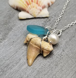 Hawaii Jewelry, Seal Glass and Real Shark Tooth Necklace, Natural Pearl, Unique Gift and Conversation Piece, FREE Gift Wrap